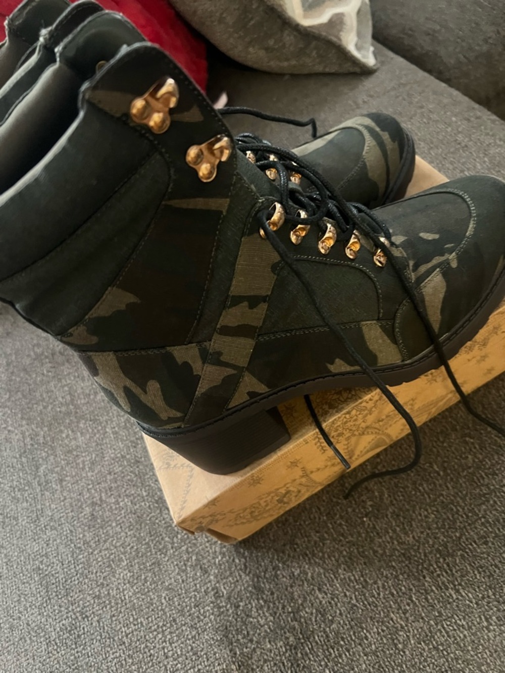 Shoe Dazzle Olive Green Camo Lace-Up Ankle Boots with Gold Hardware